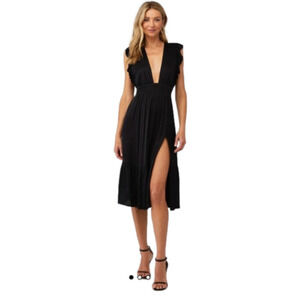 Stillwater Black Deep V Neck Midi Dress Extra Small